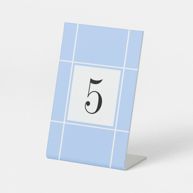 Simple Blue and White Bridal Wedding Table Number Pedestal Sign (Front)