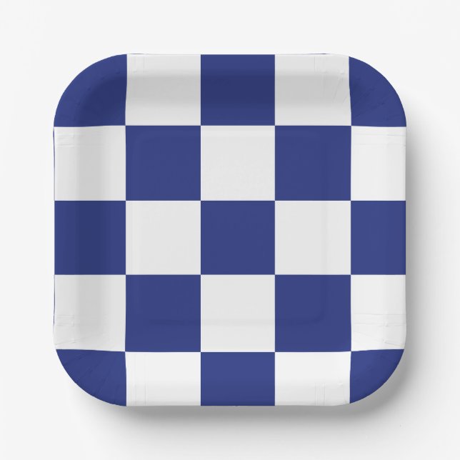 Simple Blue and White Checkered Pattern Paper Plates (Front)
