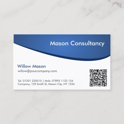 Simple Blue and White Curved QR Code Business Card