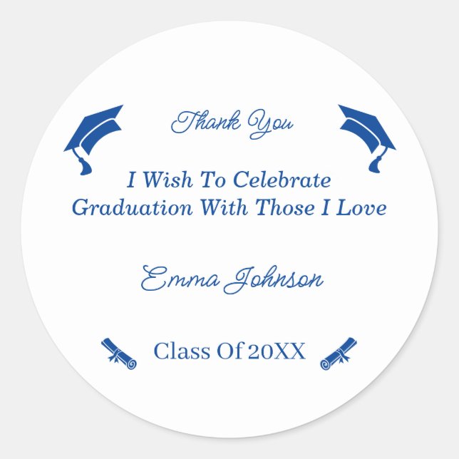 Simple Blue And White Customized Graduation Classic Round Sticker (Front)