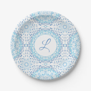 Simple Blue And White Elegant Floral Mandala Paper Plates