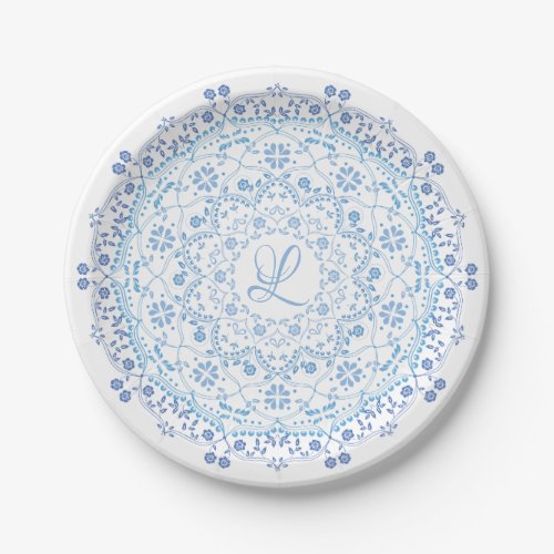Simple Blue And White Elegant Floral Mandala Paper Plates