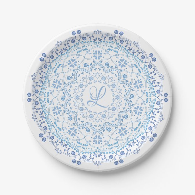 Simple Blue And White Elegant Floral Mandala Paper Plates (Front)