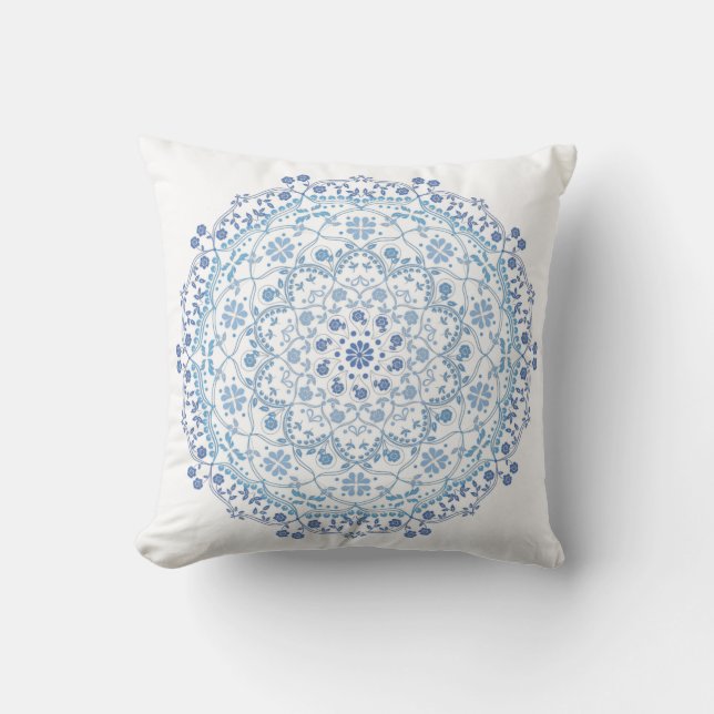Simple Blue And White Elegant Floral Mandala Throw Pillow (Front)