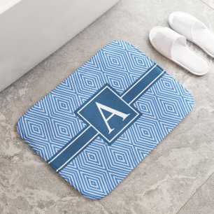 Simple Blue and White Modern Geometric Monogram Bath Mat