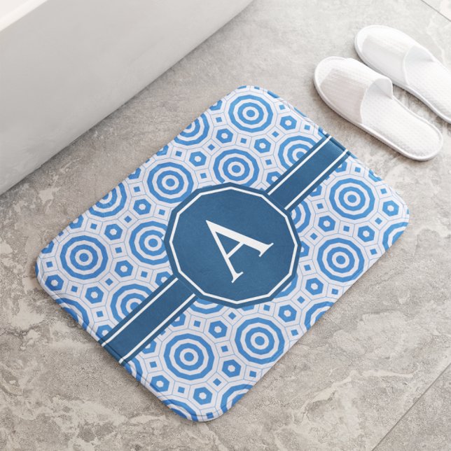 Simple Blue and White Modern Geometric Monogram Bath Mat (Creator Uploaded)