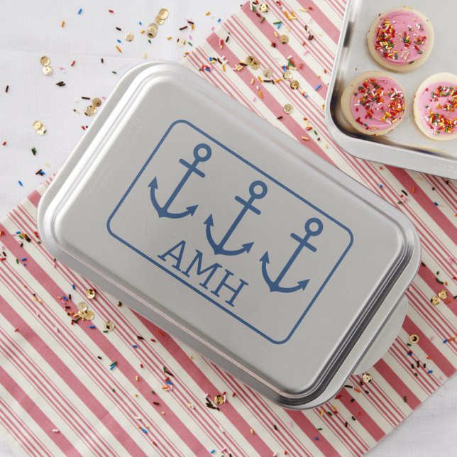 Simple Blue and White Nautical Anchor Monogram Cake Pan (In Situ)