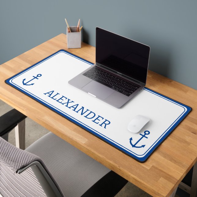 Simple Blue and White Nautical Anchor Monogram Desk Mat (Office 2)