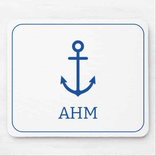 Simple Blue and White Nautical Anchor Monogram Mouse Pad