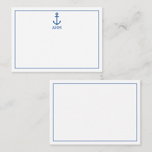 Simple Blue and White Nautical Anchor Monogram Note Card (Front/Back)