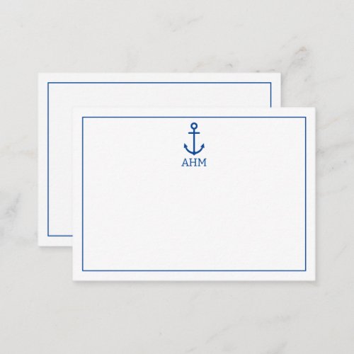 Simple Blue and White Nautical Anchor Monogram Note Card