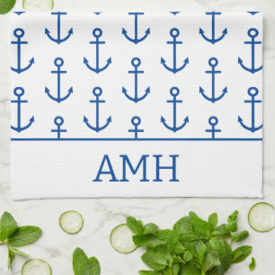 Simple Blue and White Nautical Anchor Personalized Kitchen Towel