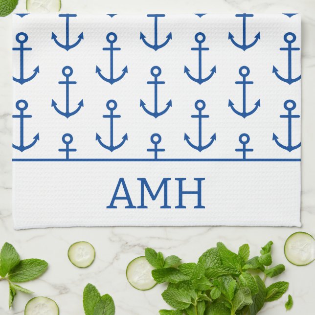 Simple Blue and White Nautical Anchor Personalized Kitchen Towel (Folded)