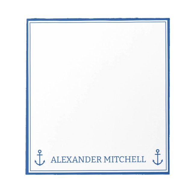 Simple Blue and White Nautical Anchor Personalized Notepad (Front)