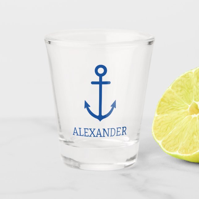 Simple Blue and White Nautical Anchor Personalized Shot Glass (Front)