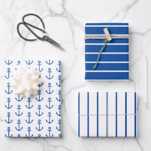 Simple Blue and White Nautical Anchor Personalized Wrapping Paper Sheets