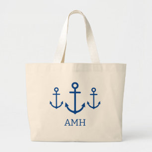 Simple Blue and White Nautical Anchors Monogram Large Tote Bag