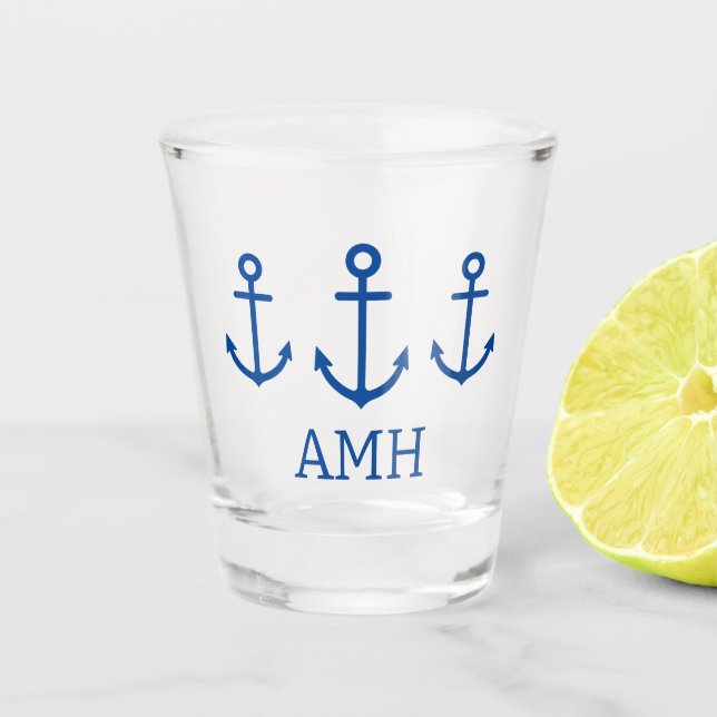 Simple Blue and White Nautical Anchors Monogram Shot Glass (Front)