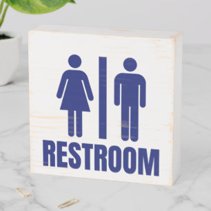 Simple Blue and White Restroom Bathroom Toilet  Wooden Box Sign