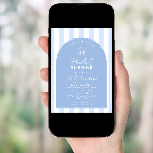 Simple Blue And White Shell Coastal Bridal Shower Invitation (Front Digital)