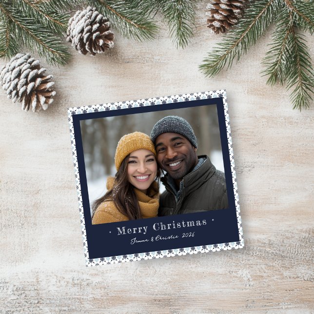 Simple Blue and White Snowflake Christmas Photo  Holiday Card (Christmassy Square Blue and White Snowflake Photo Holiday Card)