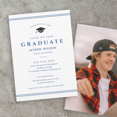 Simple Blue and White Sporty Photo Graduation  Announcement