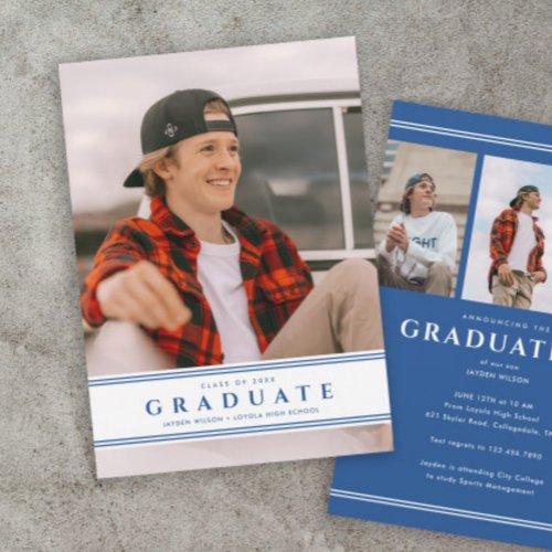 Simple Blue and White Sporty Photo Graduation  Announcement