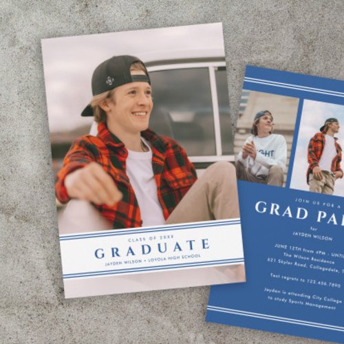 Simple Blue and White Sporty Photo Graduation  Invitation