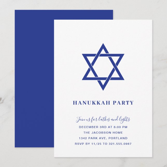 Simple Blue and White Star of David Hanukkah Party Invitation (Front/Back)