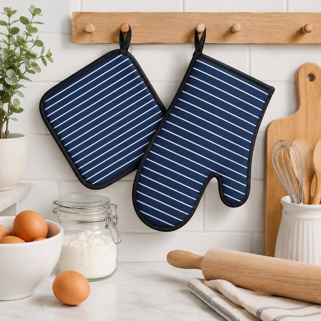 Simple Blue and White Striped Oven Mitt & Pot Holder Set (Creator Uploaded)