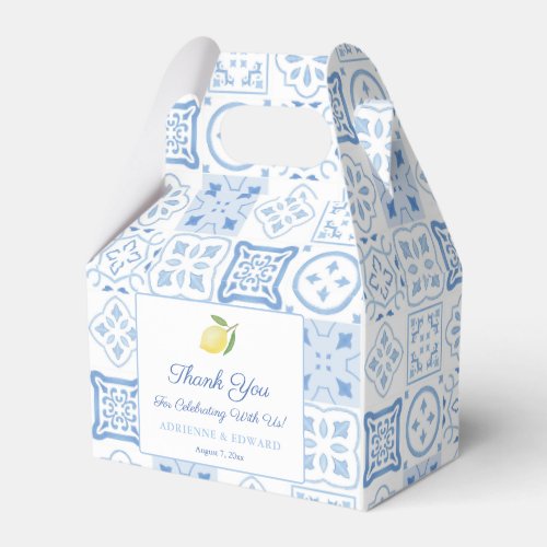 Simple Blue And White Tile Lemon Wedding Shower Favor Boxes