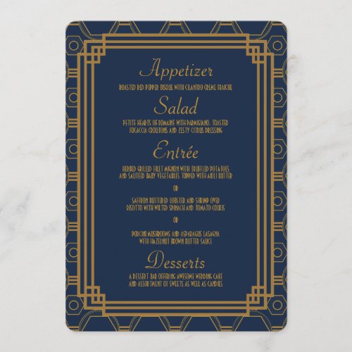 Simple Blue Art Deco Wedding Menu Cards