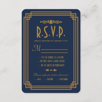 Simple Blue Art Deco Wedding Rsvp Cards by RenImasa at Zazzle