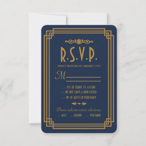 Simple Blue Art Deco Wedding RSVP Cards