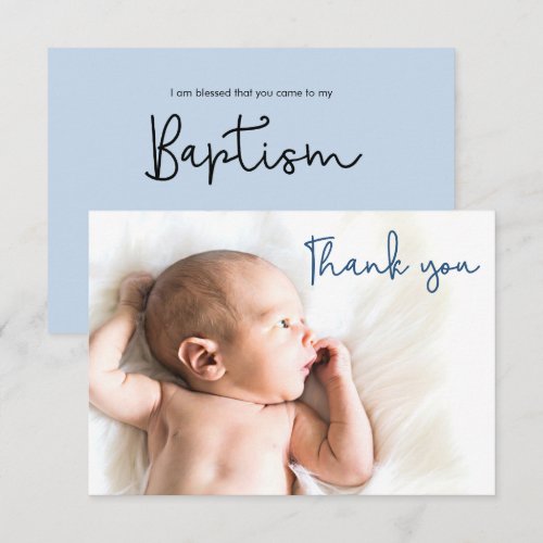 Simple Blue Baptism Baby boy photo thank you card