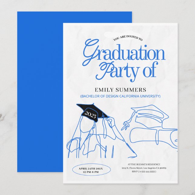 Simple Blue Black Graduation Hand Illustration Invitation (Front/Back)
