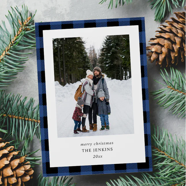 Simple Blue Black Plaid Border 2 Photos Christmas Holiday Card Zazzle