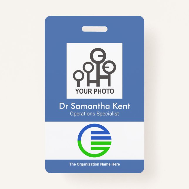 Simple Blue Box Photo Template Staff Medical ID Badge (Front)