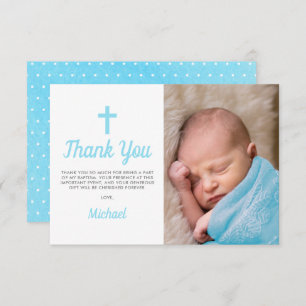 Simple Blue Boy Baptism Christening Photo Thank You Card