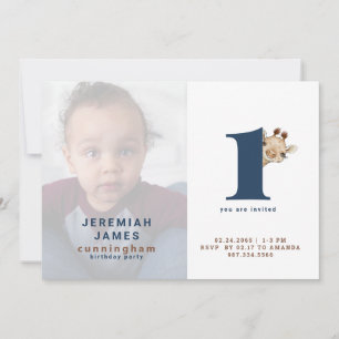 Simple Blue & Brown Photo 1st Birthday Party Invitation