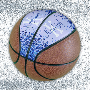 Simple Blue Brushed Metal and Glitter Monogram Basketball