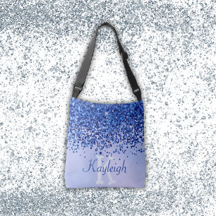 Simple Blue Brushed Metal and Glitter Monogram   Crossbody Bag