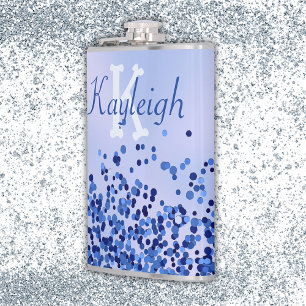 Simple Blue Brushed Metal and Glitter Monogram Flask