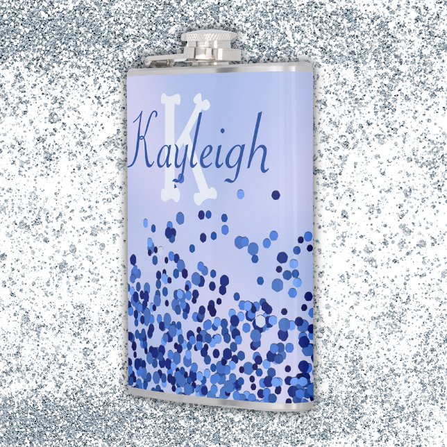 Simple Blue Brushed Metal and Glitter Monogram | Flask (Creator Uploaded)