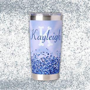 Simple Blue Brushed Metal and Glitter Monogram Insulated Tumbler