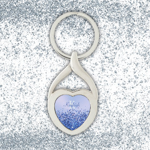 Simple Blue Brushed Metal and Glitter Monogram Keychain