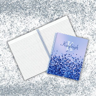 Simple Blue Brushed Metal and Glitter Monogram Notebook