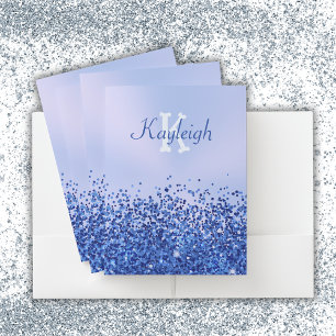 Simple Blue Brushed Metal and Glitter Monogram Pocket Folder