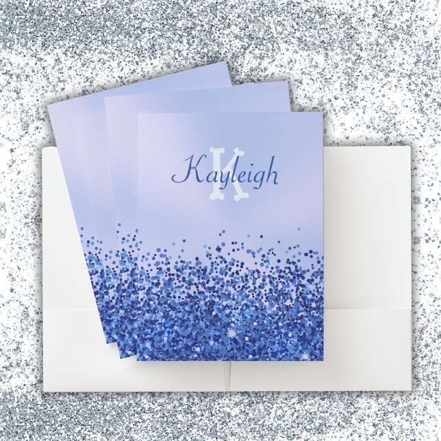 Simple Blue Brushed Metal and Glitter Monogram | Pocket Folder (Creator Uploaded)