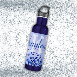 Simple Blue Brushed Metal and Glitter Monogram   Stainless Steel Water Bottle